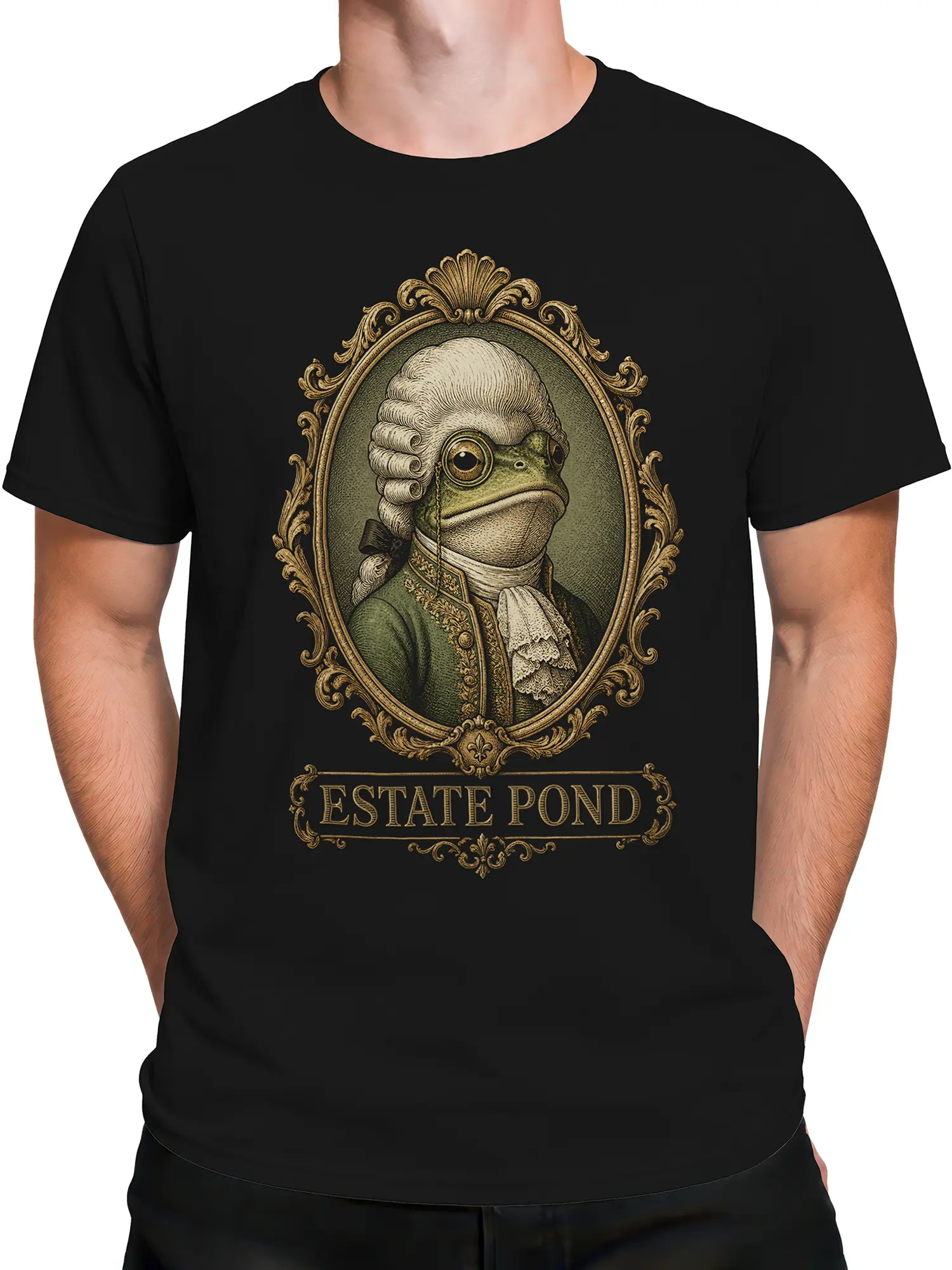 Male torso wearing a black Estate Pond T-shirt with a powdered-wig frog portrait
