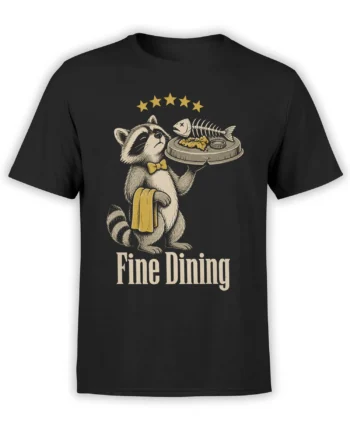 Black T-shirt with a bow-tied raccoon serving a fish skeleton under five stars and Fine Dining text