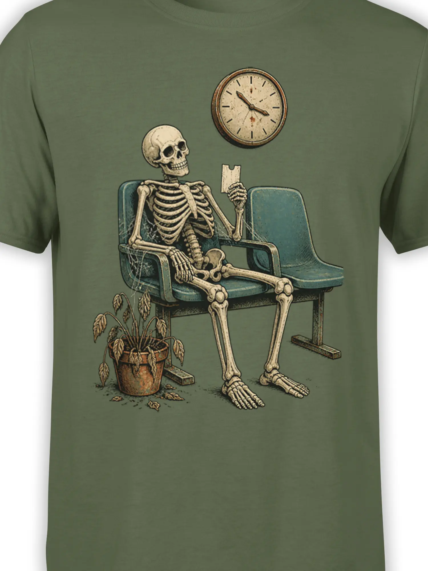 Close-up of the seated skeleton, antique clock, blue chair, and wilted plant on an olive green shirt