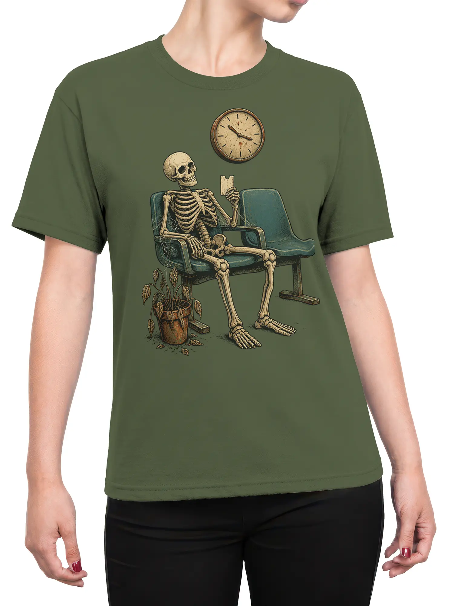 Female torso wearing an olive green shirt with a vintage seated skeleton waiting room design