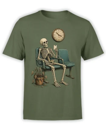 Olive green shirt with a seated skeleton waiting beneath a vintage clock beside a wilted plant
