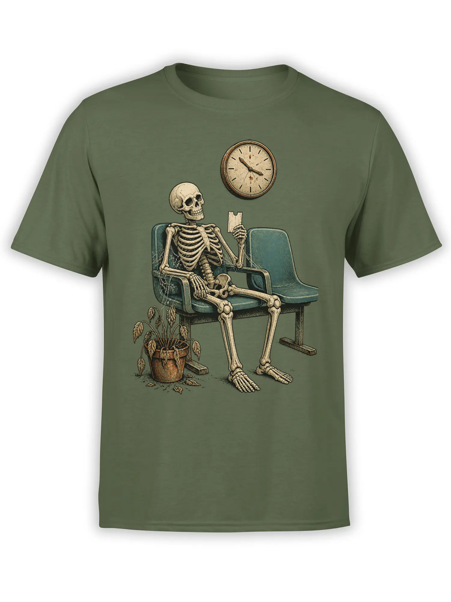Olive green shirt with a seated skeleton waiting beneath a vintage clock beside a wilted plant