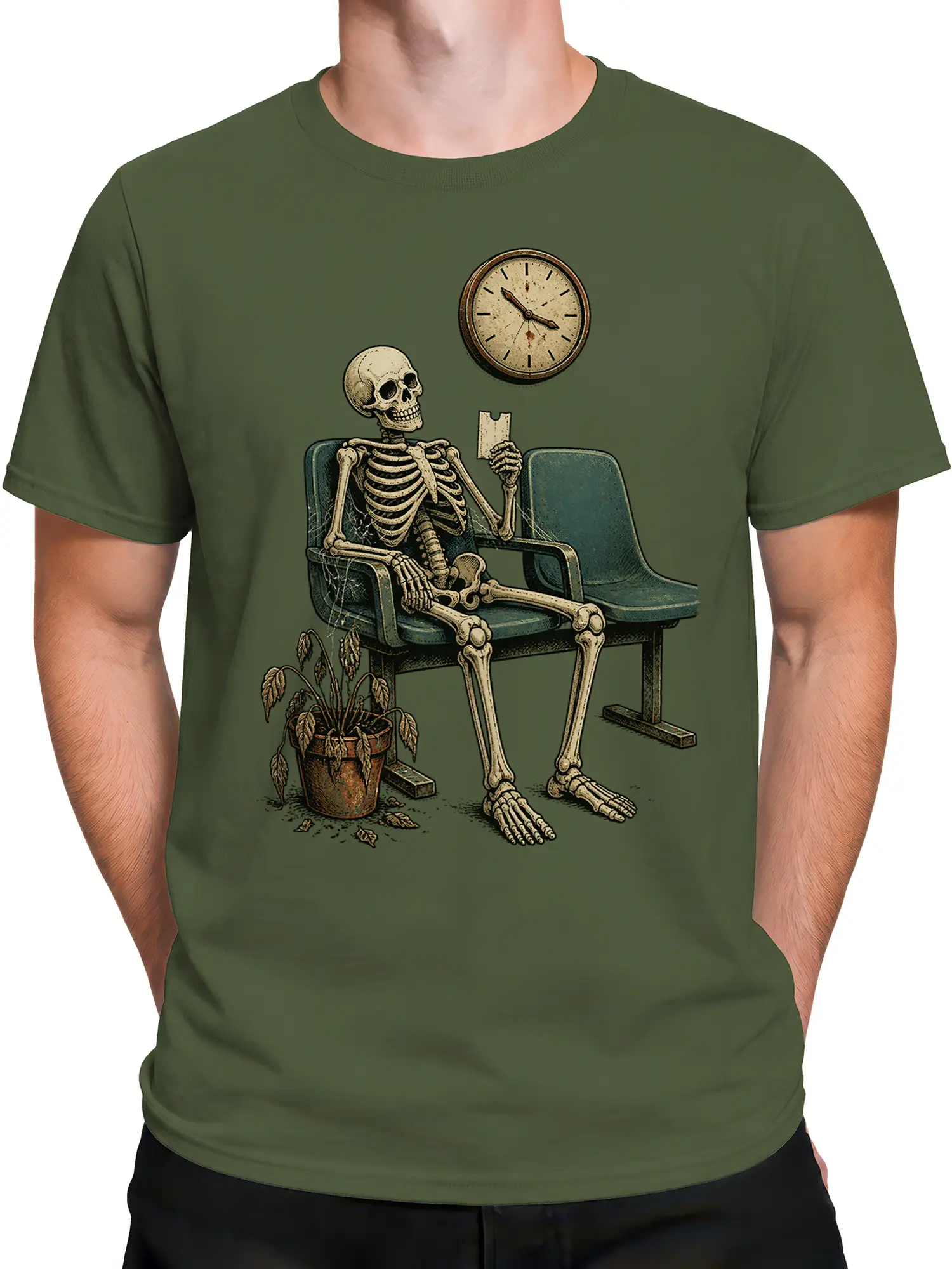 Male torso wearing an olive green shirt with a seated skeleton and vintage waiting room artwork