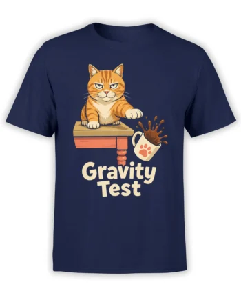 Orange tabby cat on a table beside a tipped cup with Gravity Test text on a navy shirt