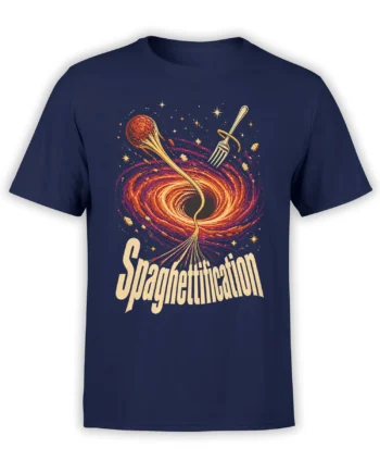 Navy T-shirt featuring a cosmic spaghettification vortex with stars, fork, spoon, and cream lettering