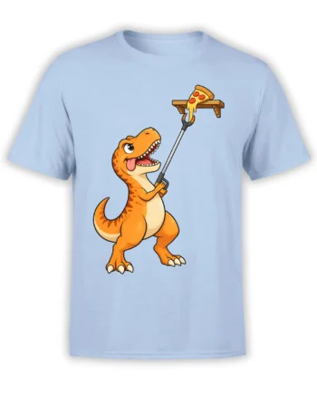 Light blue T-shirt with a cartoon orange dinosaur reaching for a pepperoni pizza slice