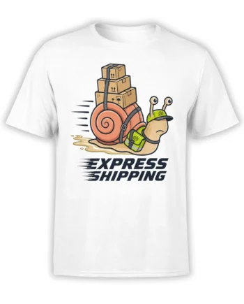 White T-shirt with a cartoon snail courier carrying boxes and an Express Shipping message