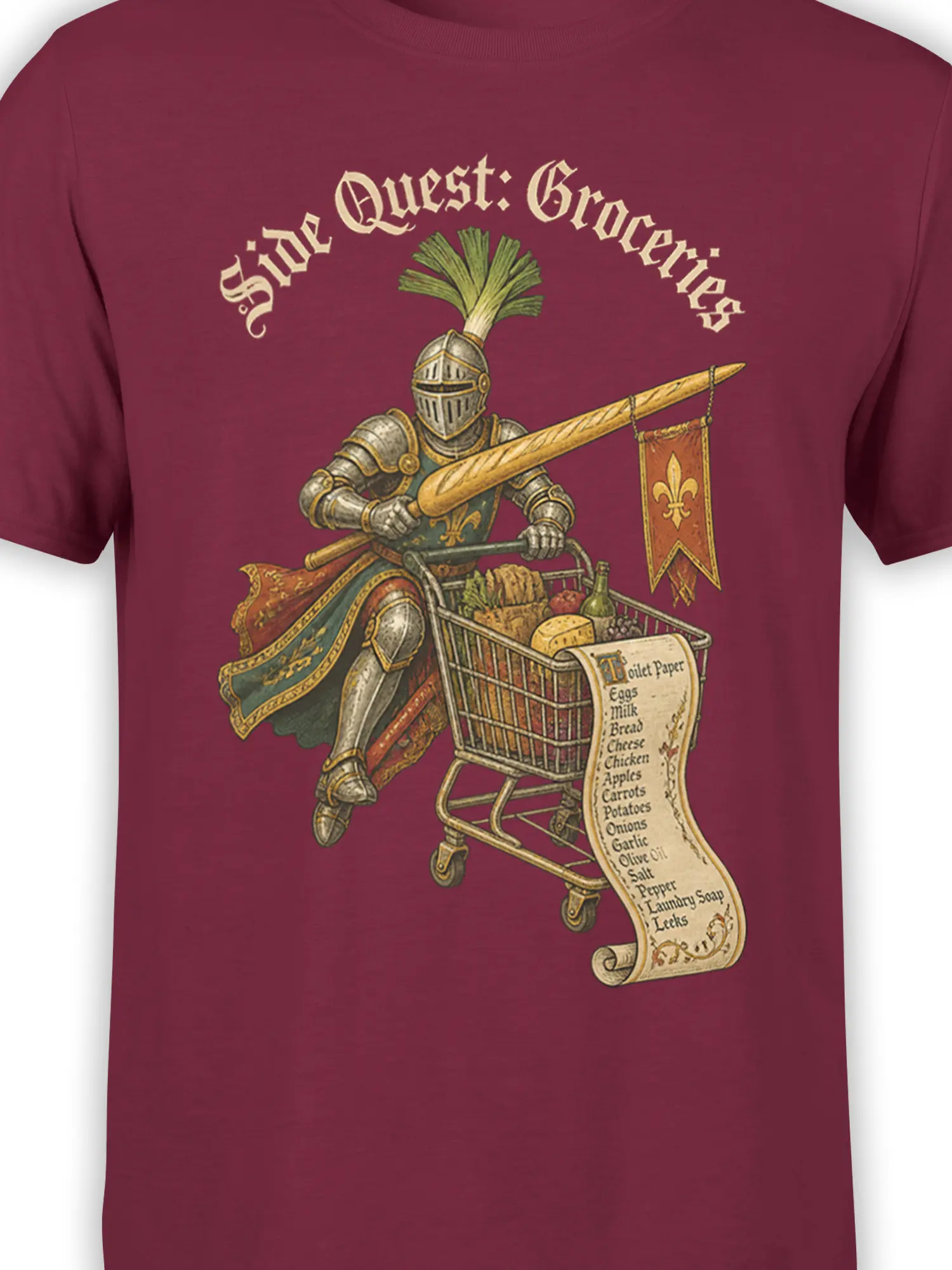 Detailed knight, grocery cart, and shopping list artwork on a burgundy fantasy T-shirt