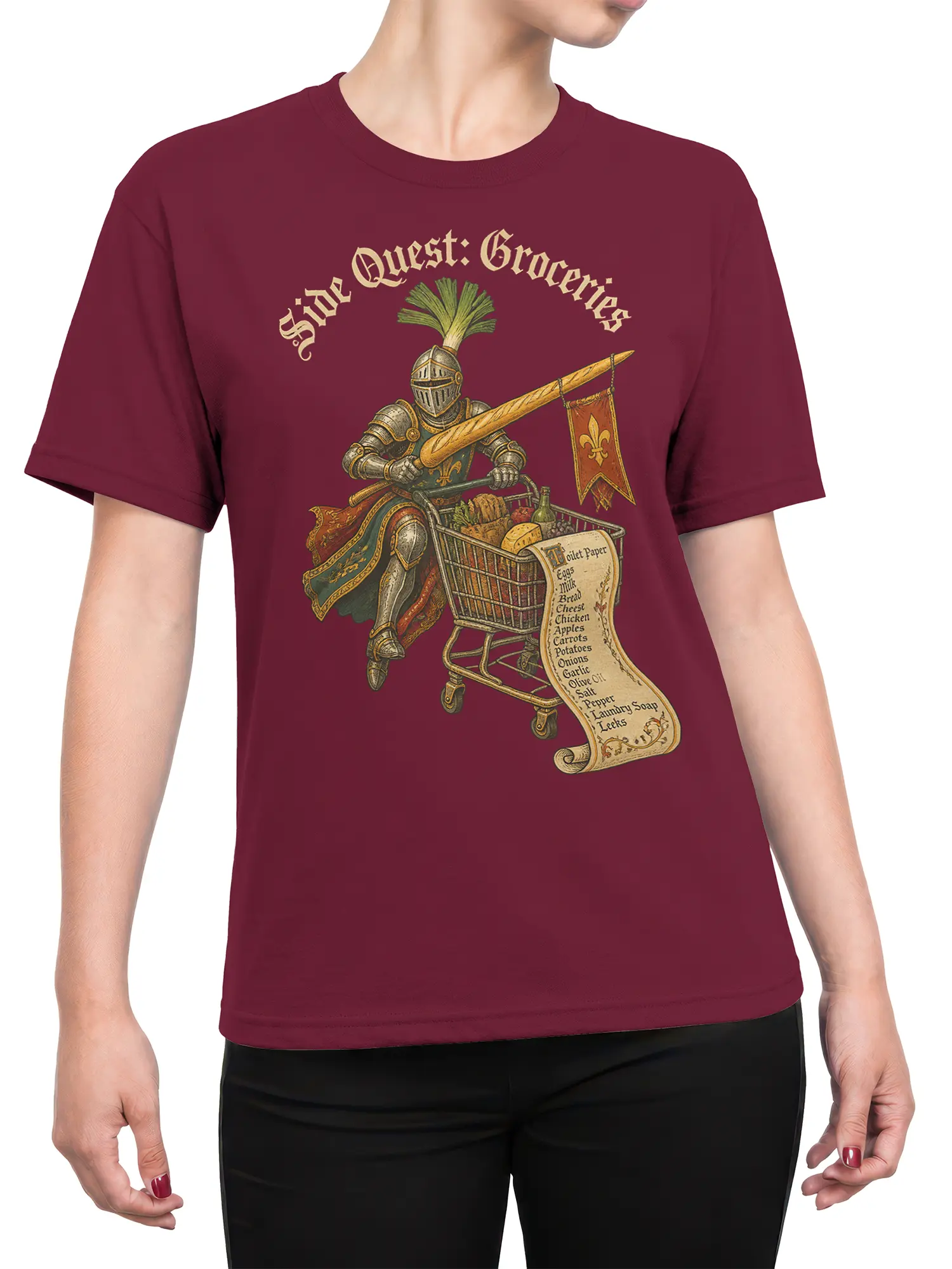 Female torso wearing a burgundy T-shirt with a medieval knight grocery design