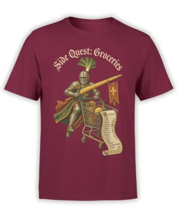 Armored medieval knight pushing a grocery cart on a burgundy fantasy T-shirt