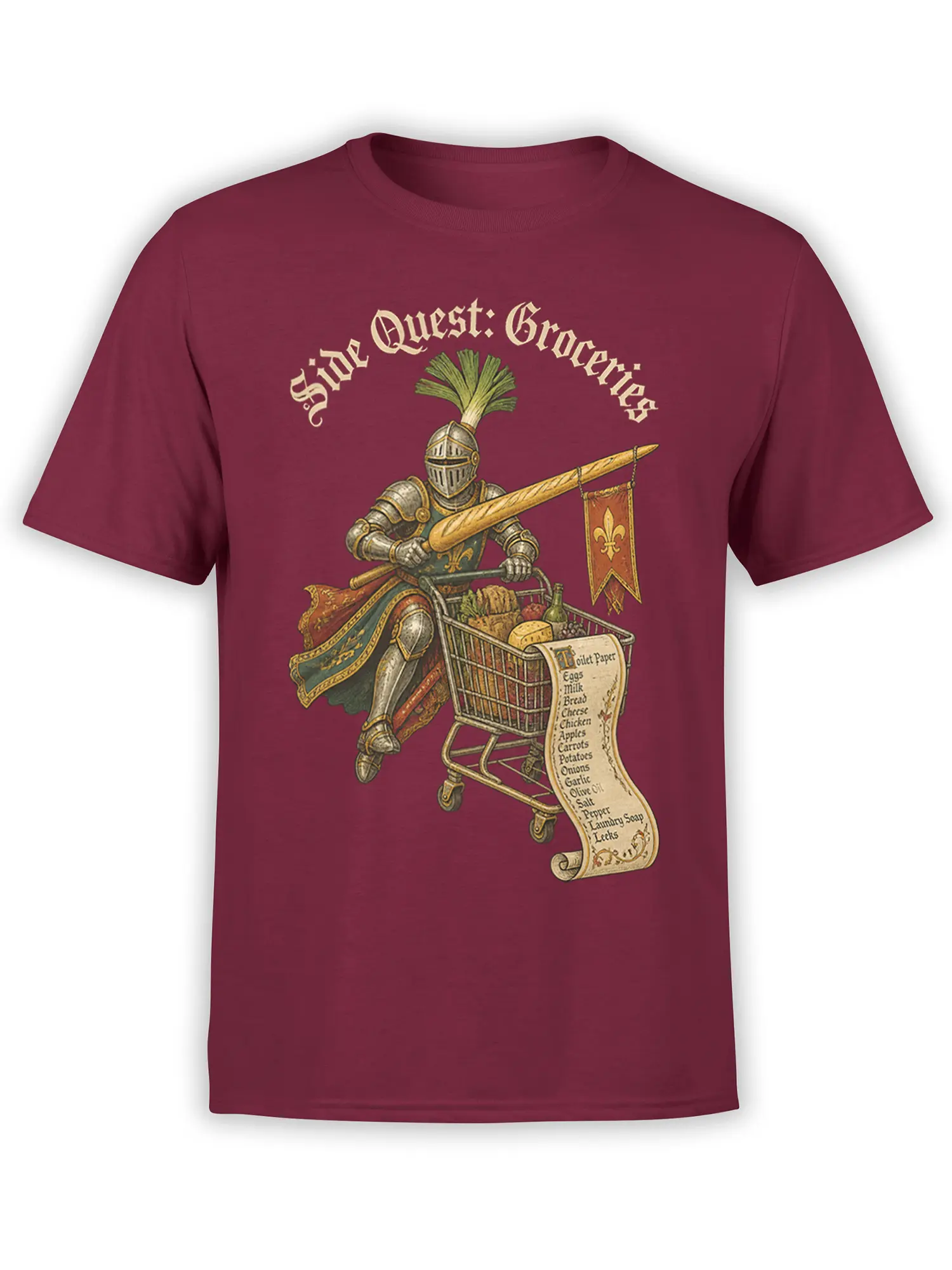 Armored medieval knight pushing a grocery cart on a burgundy fantasy T-shirt