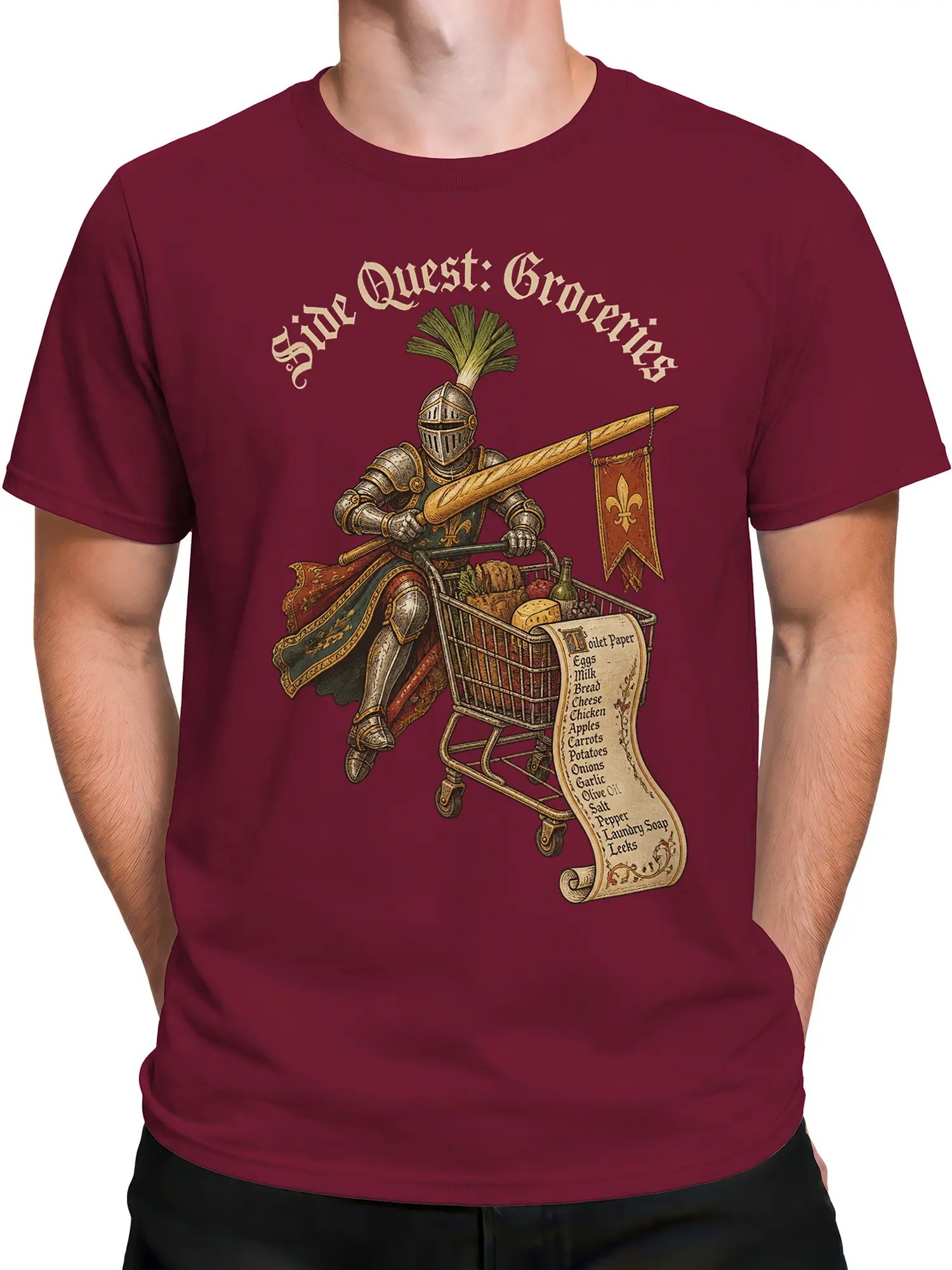 Male torso wearing a burgundy T-shirt with a knight and grocery cart design