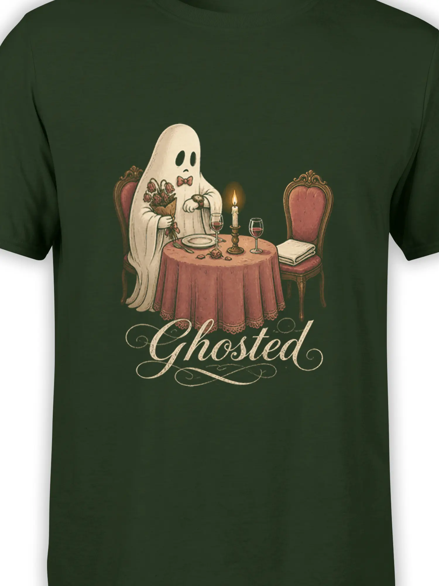 Close-up of a bow-tied ghost dining with roses, wine, candlelight, and Ghosted lettering on a dark green shirt