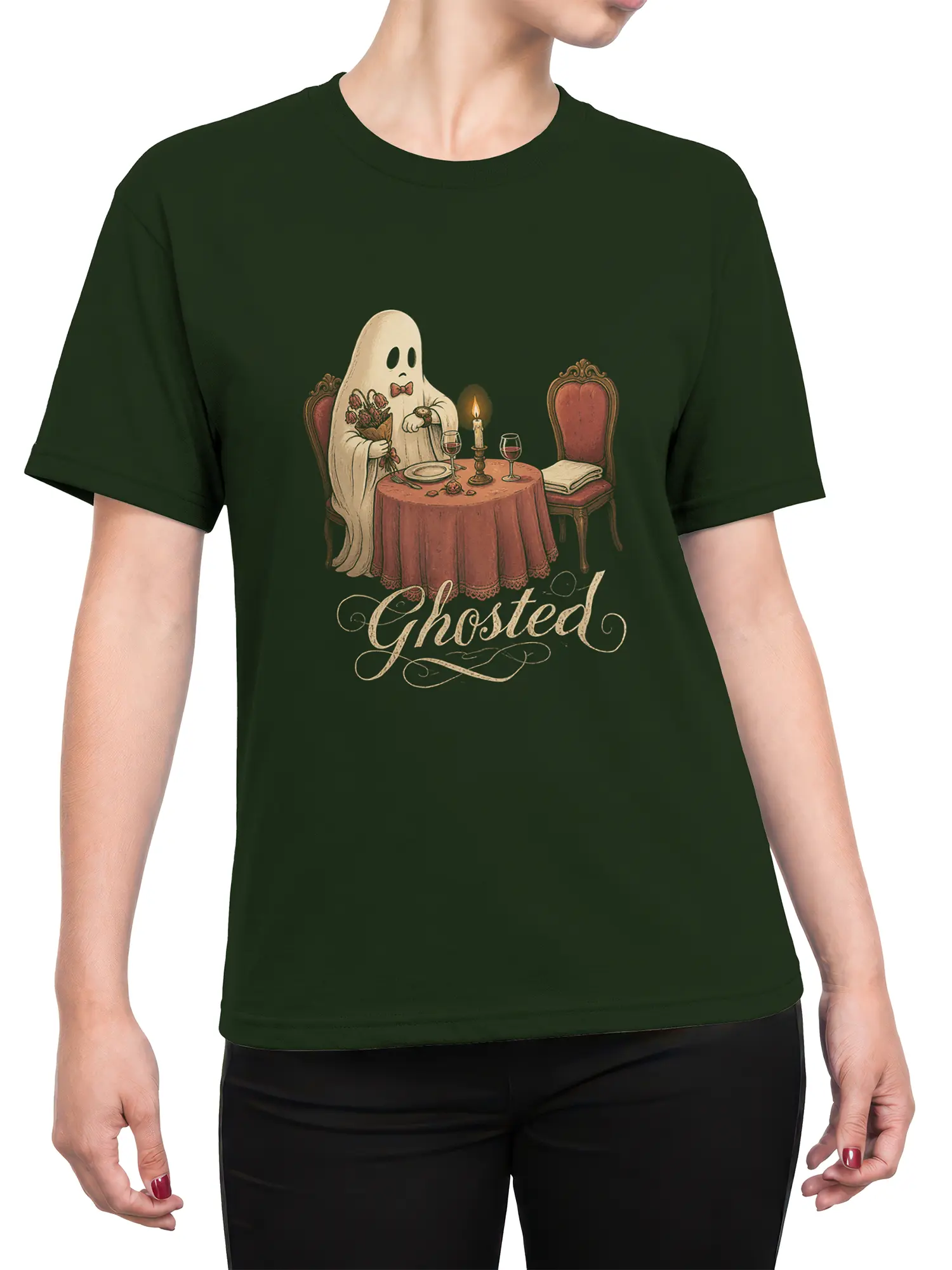 Female torso wearing a dark green Ghosted T-shirt with a vintage ghost dinner scene and ornate candlelit details