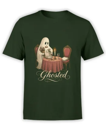 Ghosted dinner ghost graphic with roses, candlelight, wine glasses, and vintage script on a dark green T-shirt
