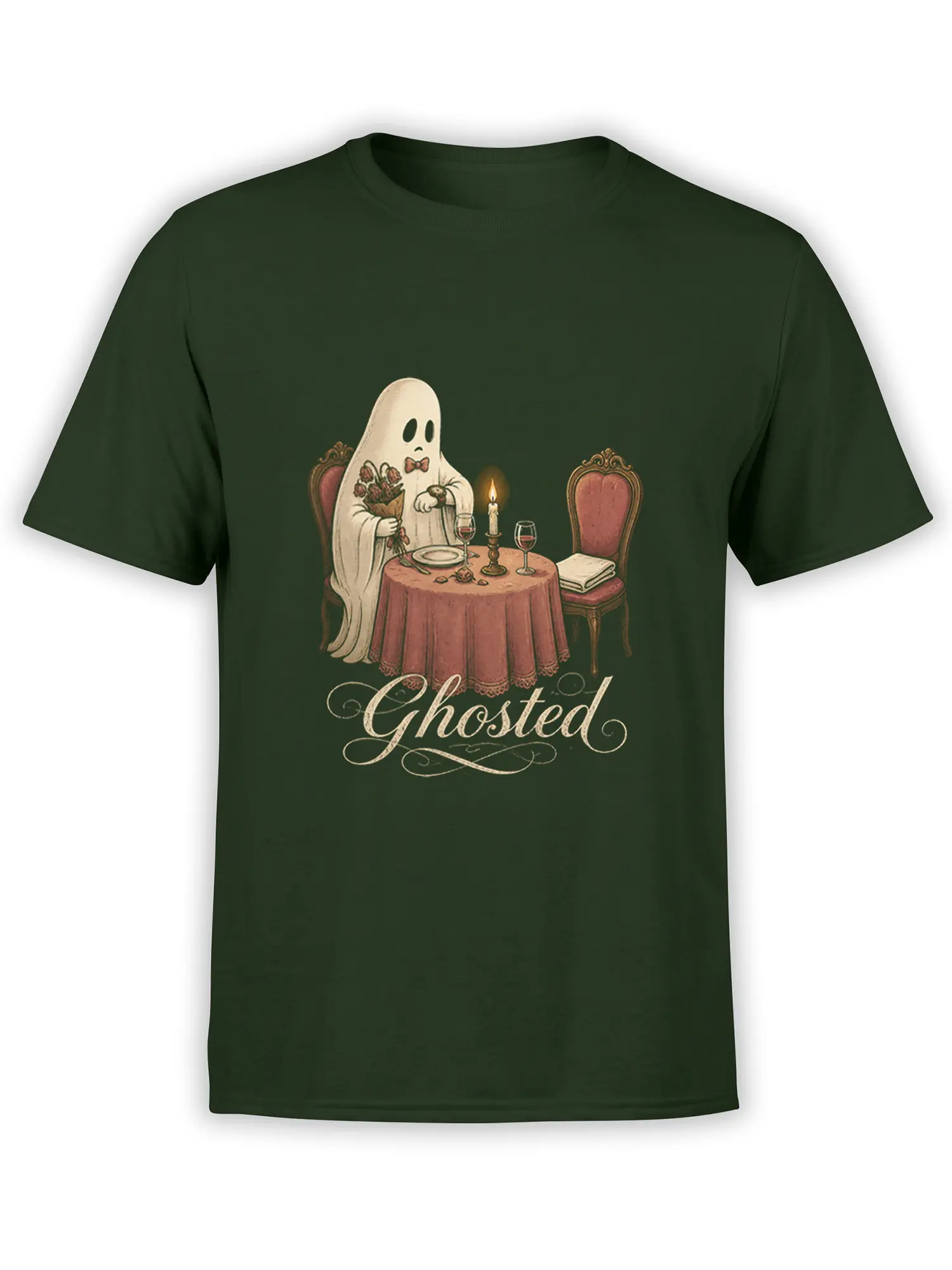Ghosted dinner ghost graphic with roses, candlelight, wine glasses, and vintage script on a dark green T-shirt