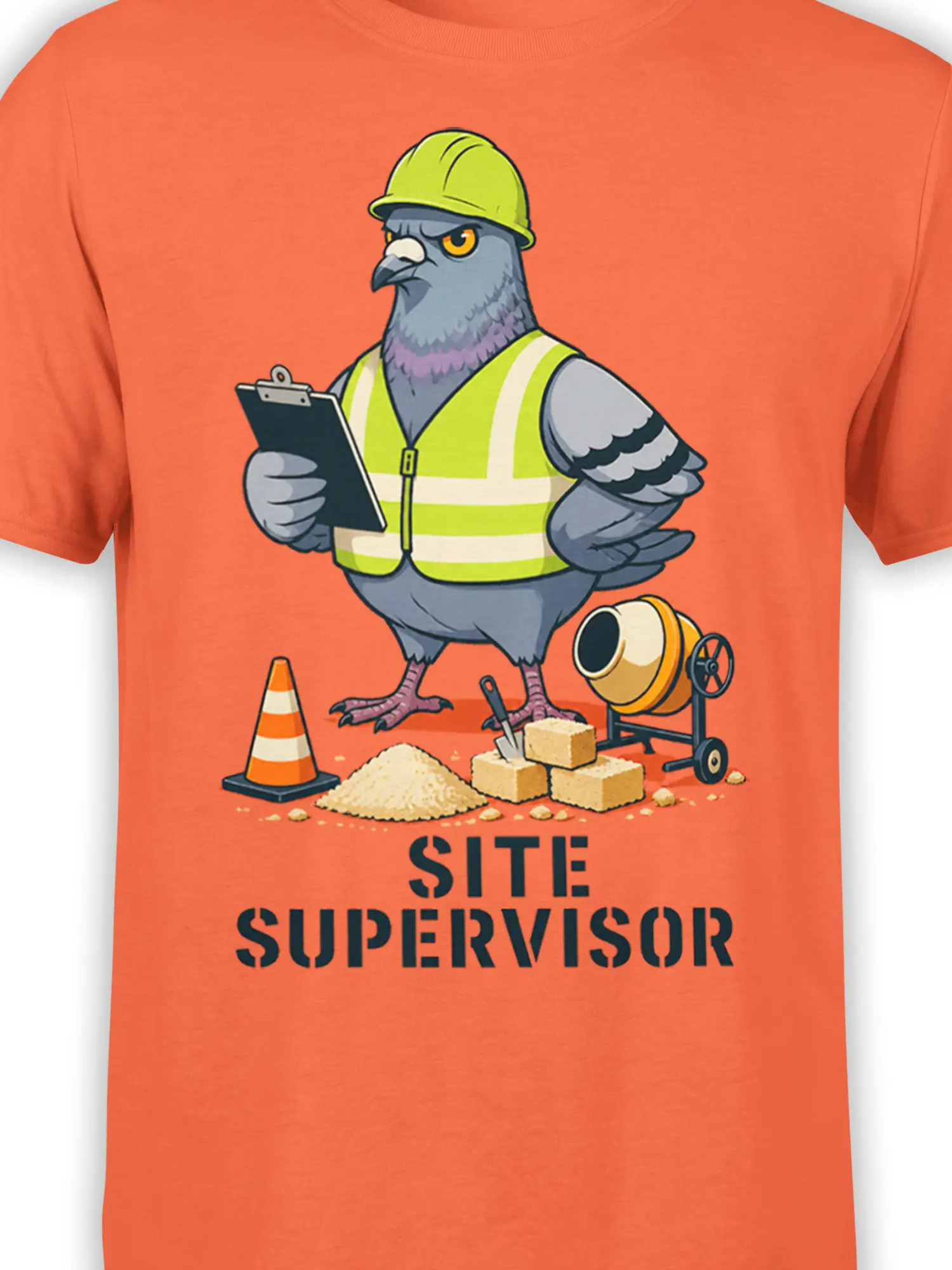 Close-up of pigeon site supervisor artwork on an orange construction T-shirt