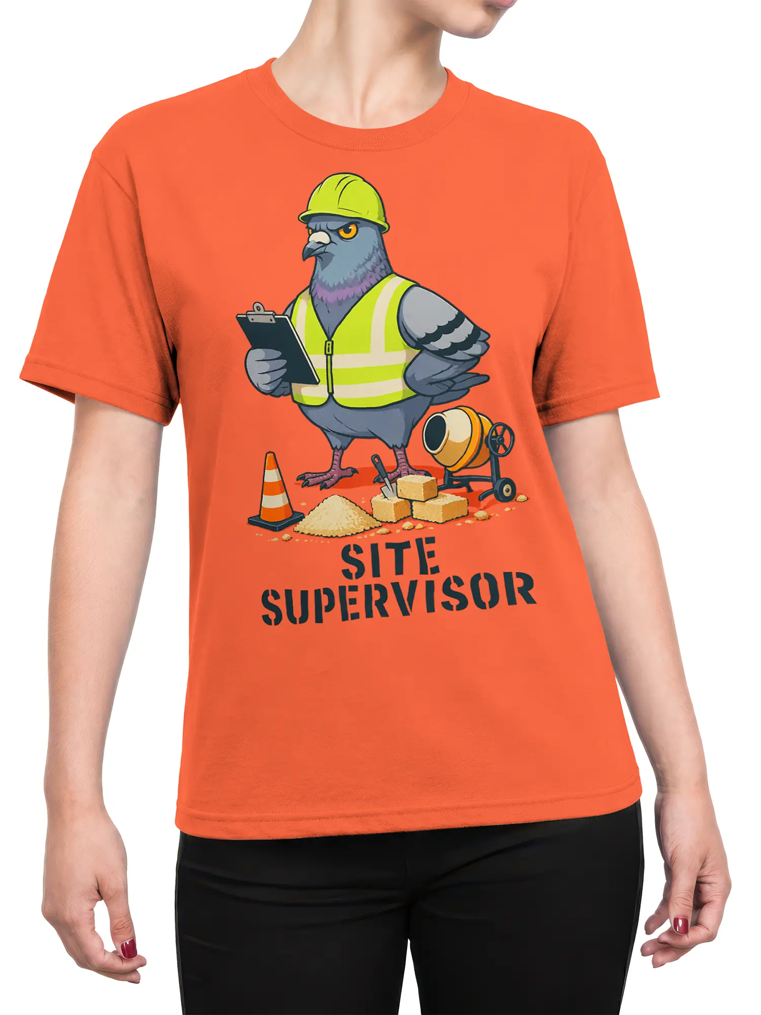 Female torso wearing an orange pigeon site supervisor construction graphic T-shirt