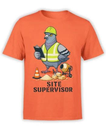 Orange T-shirt with a gray pigeon site supervisor, hard hat, clipboard, and construction tools