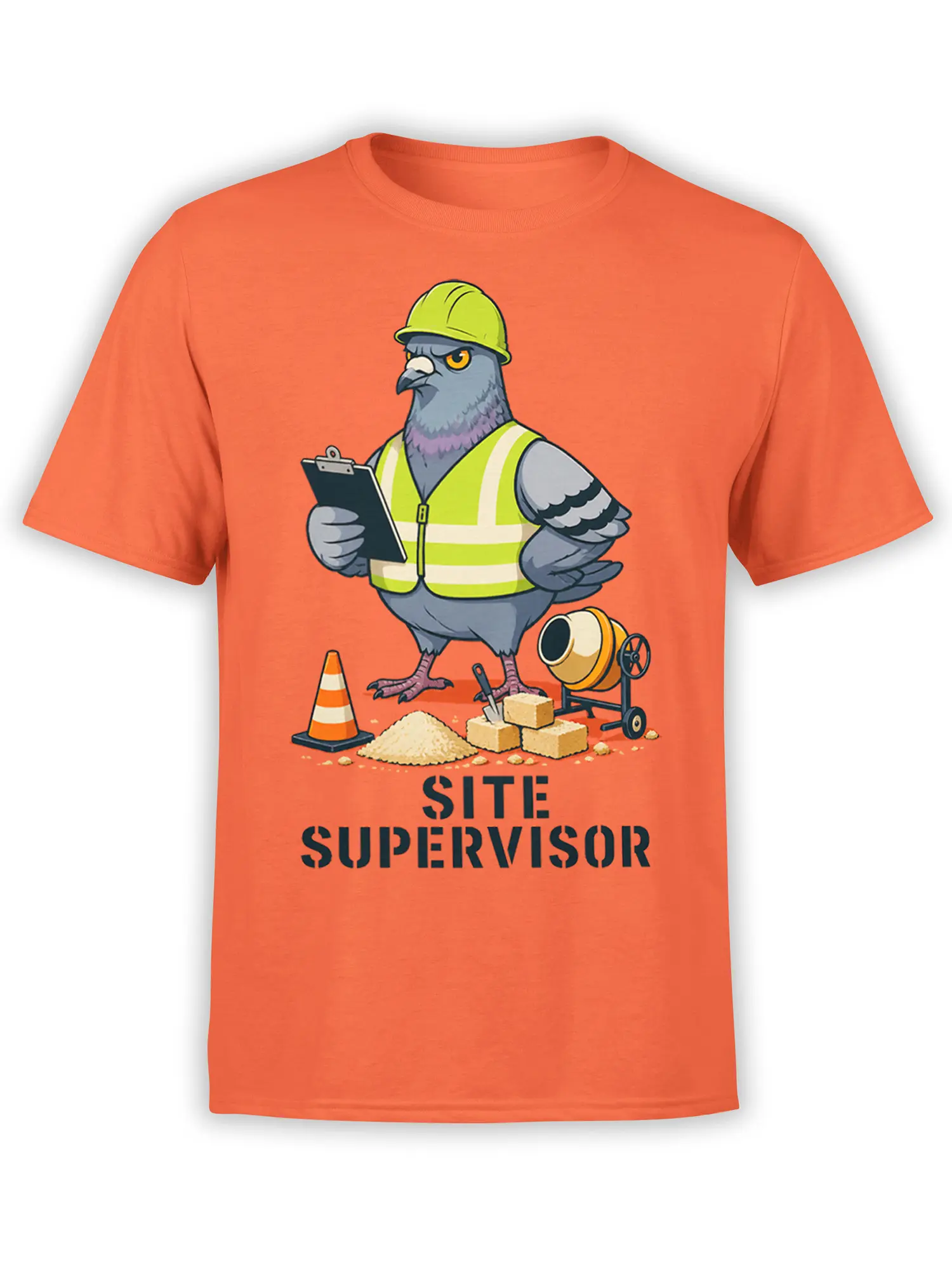Orange T-shirt with a gray pigeon site supervisor, hard hat, clipboard, and construction tools