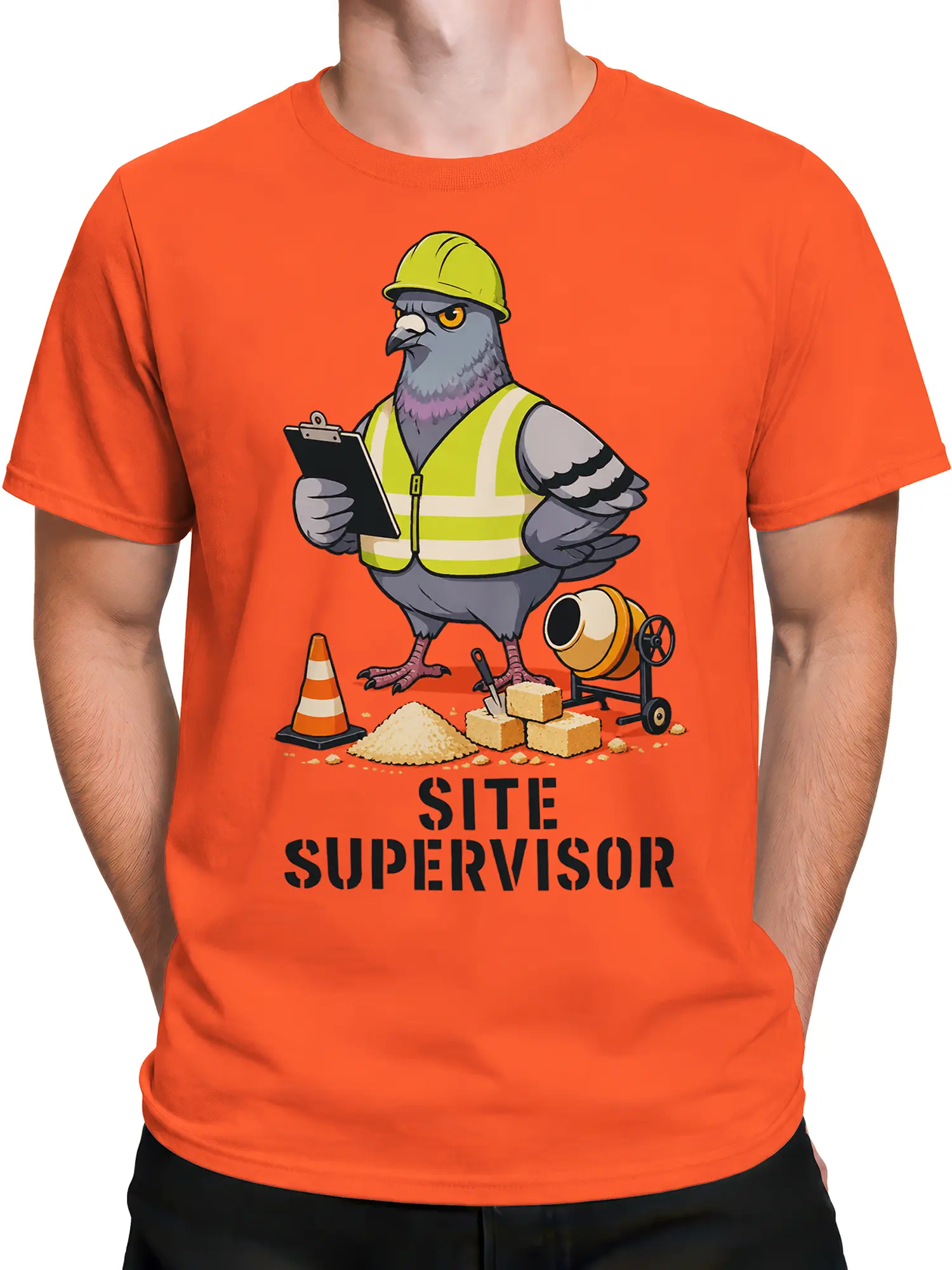 Male torso wearing an orange pigeon site supervisor construction graphic T-shirt