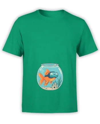 Green fish t-shirt with an orange goggled fish, underwater castle, bubbles, and sea plants in an aquarium design