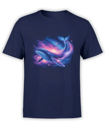 Cosmic whale swimming through glowing blue and pink space on a navy T-shirt