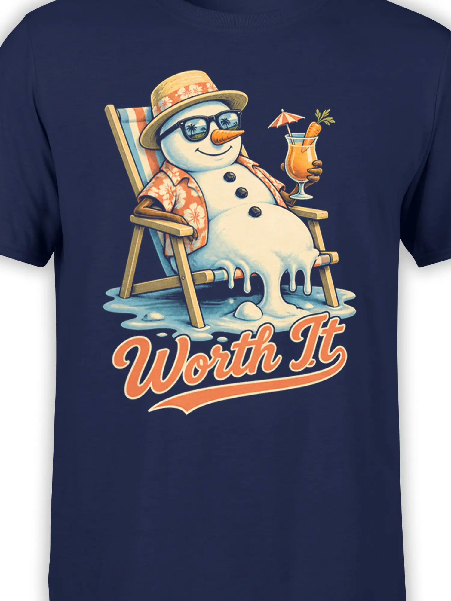 Close-up of a melting vacation snowman with a carrot nose, tropical drink, and retro “Worth It” design on navy