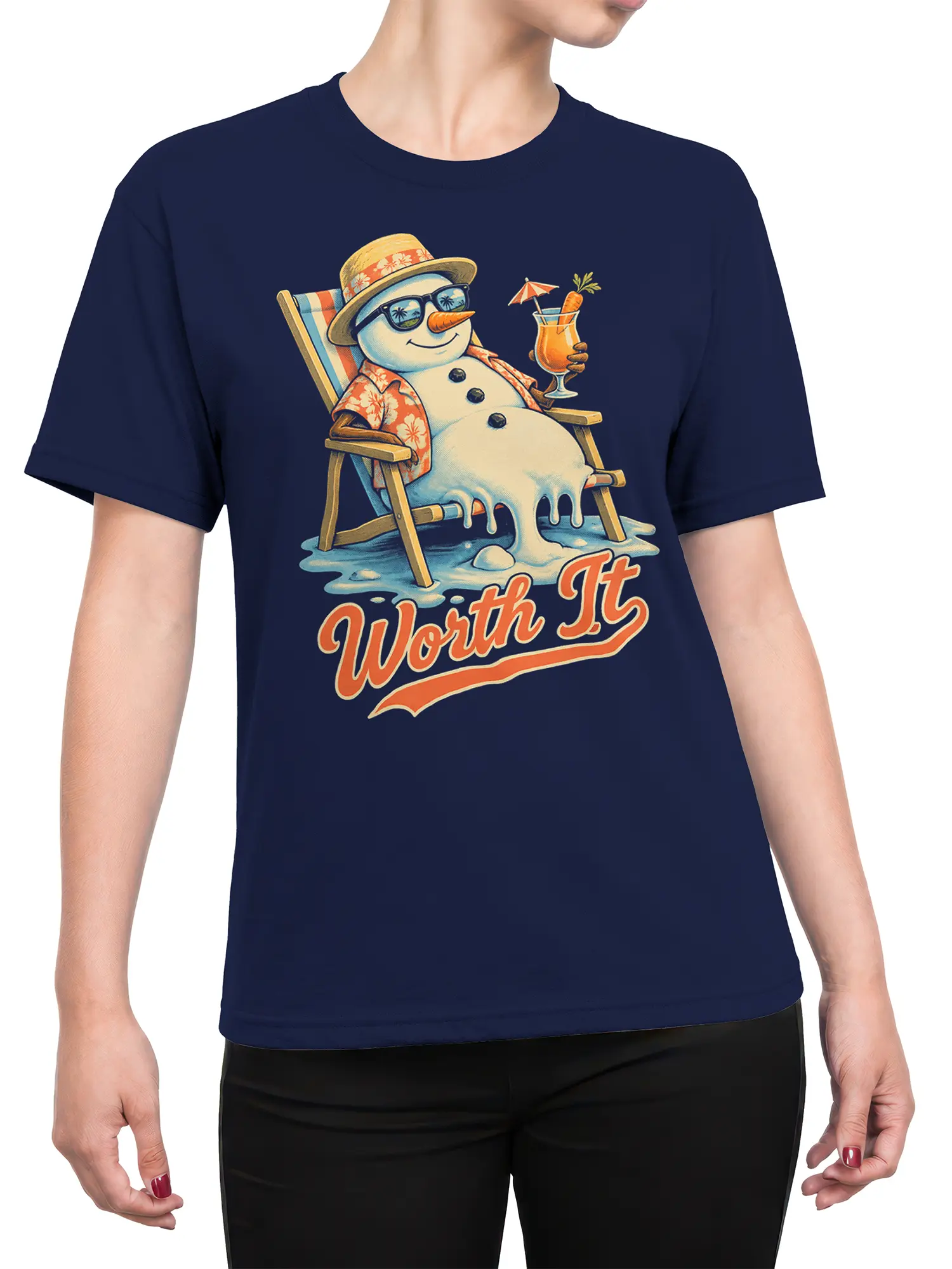 Female torso wearing a navy T-shirt with a melting snowman, beach chair, tropical drink, and “Worth It” design