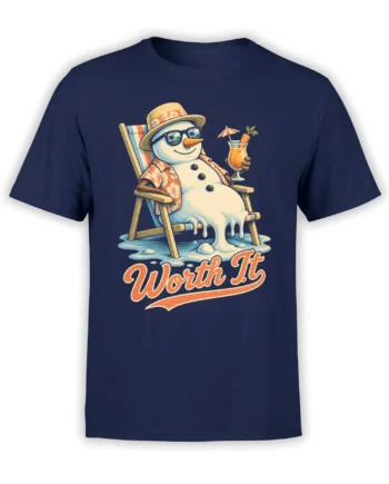 Melting snowman in sunglasses and a floral shirt relaxing with a tropical drink on a navy T-shirt
