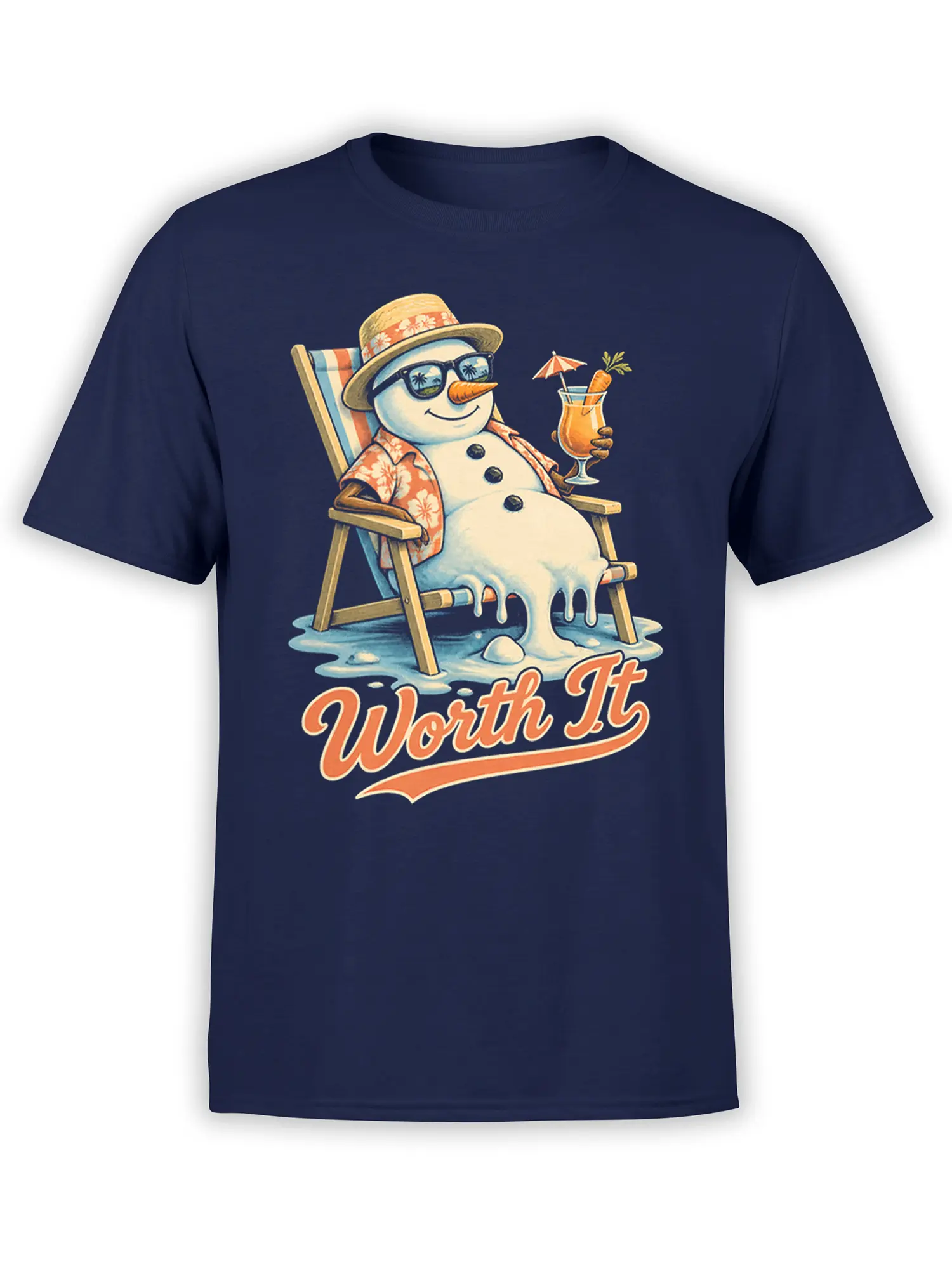Melting snowman in sunglasses and a floral shirt relaxing with a tropical drink on a navy T-shirt