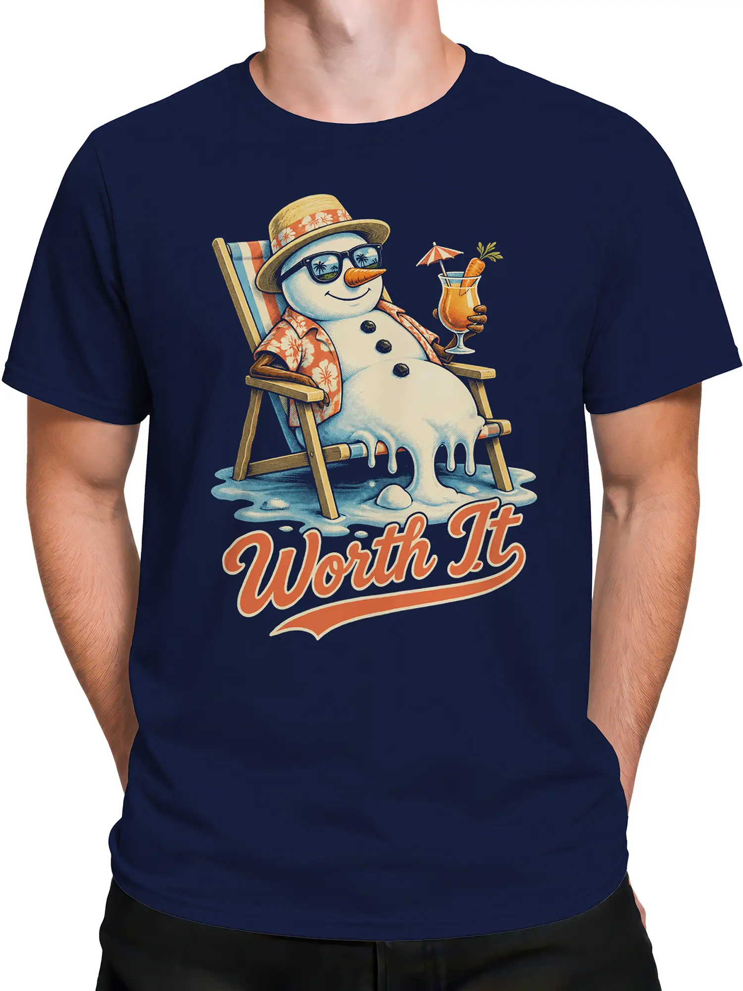 Male torso wearing a navy T-shirt featuring a melting snowman, tropical drink, beach chair, and retro lettering