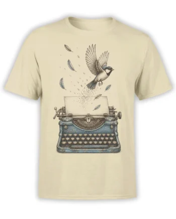 Vintage songbird flying above a blue-gray typewriter with feathers on a beige T-shirt