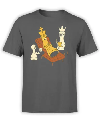 Chess therapy graphic on a gray T-shirt showing a worried king, note-taking queen, and helpful white pawn