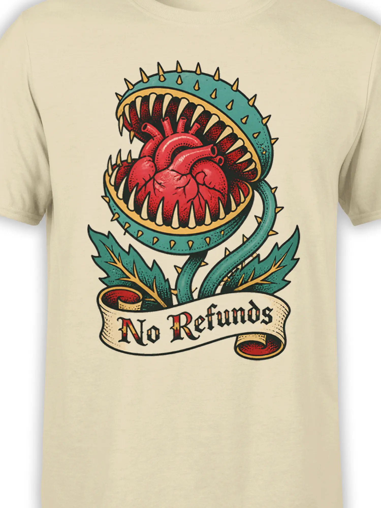 Close-up of the spiky carnivorous plant and red heart graphic on a beige T-shirt