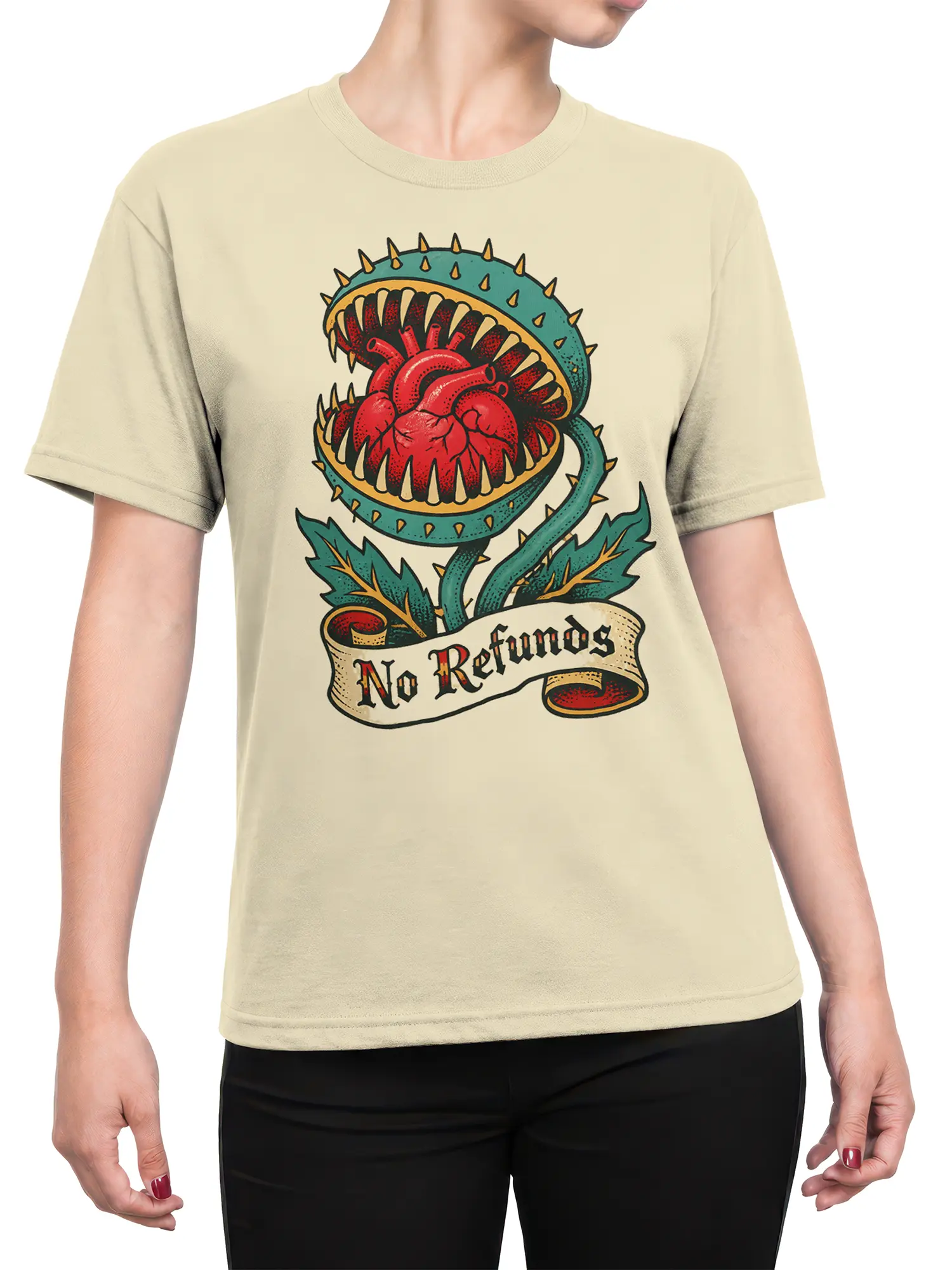 Female torso wearing a beige T-shirt with a vintage carnivorous plant and “No Refunds” design