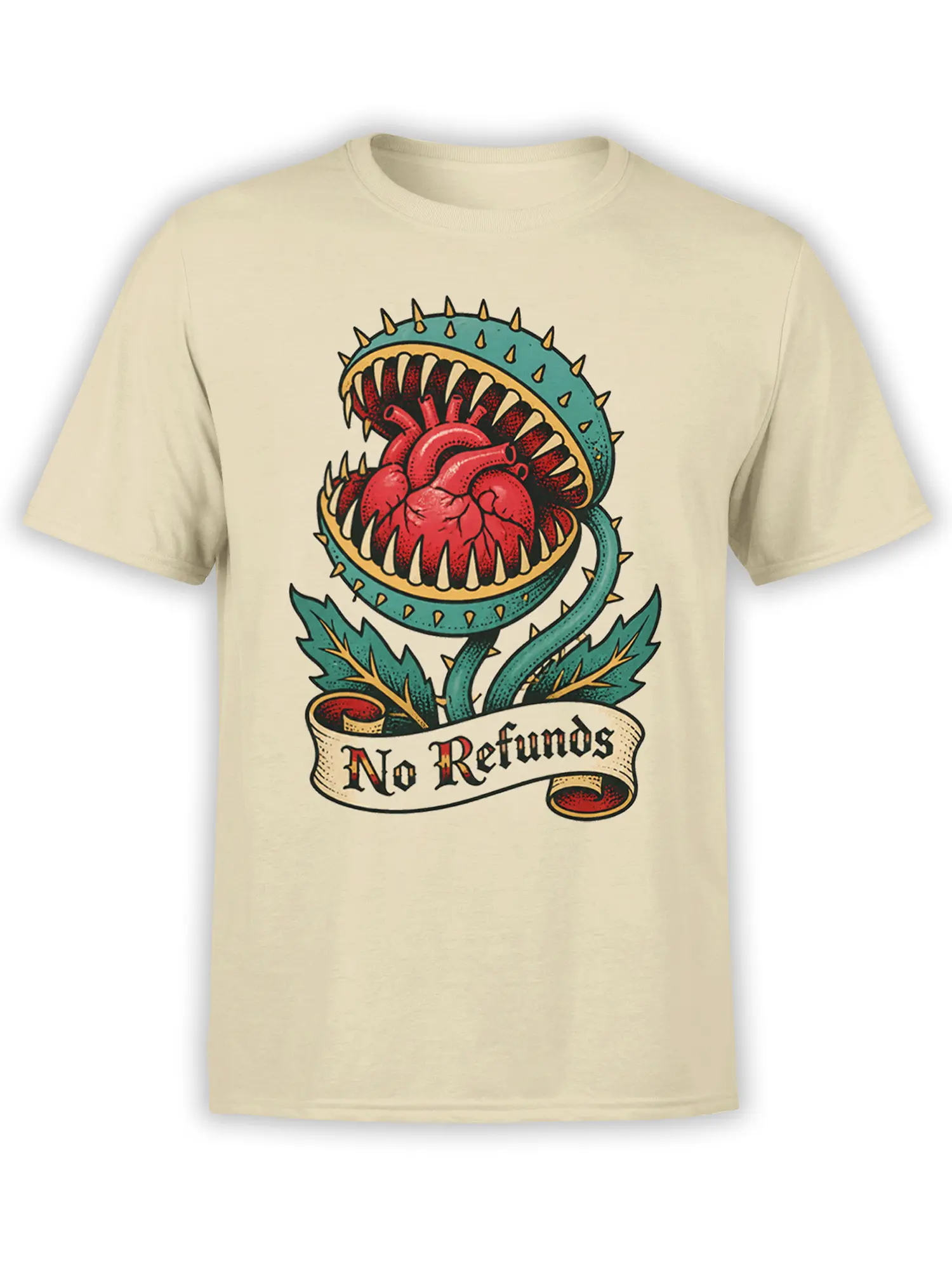 Beige T-shirt with a vintage carnivorous plant, red heart, spikes, and “No Refunds” banner