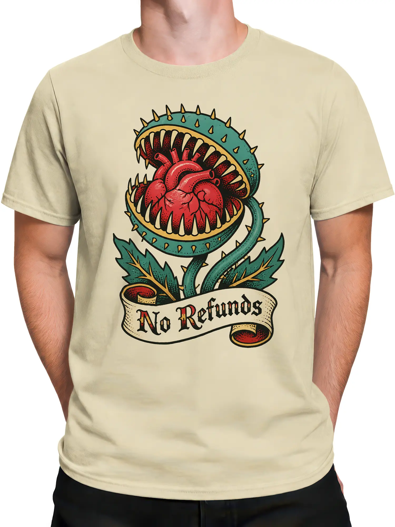 Male torso wearing a beige carnivorous plant T-shirt with a red heart graphic