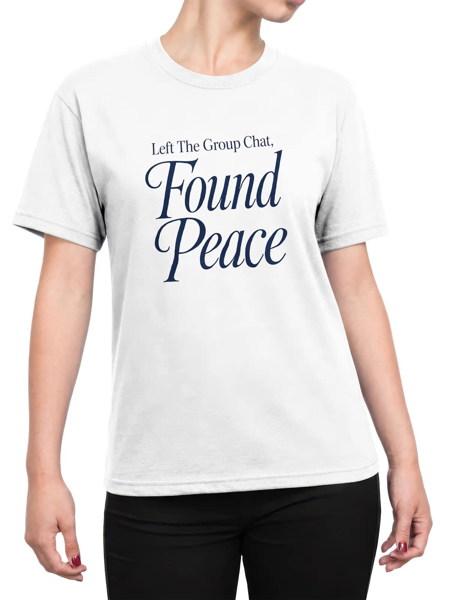 Female torso wearing a white group chat humor T-shirt with navy peace-themed typography