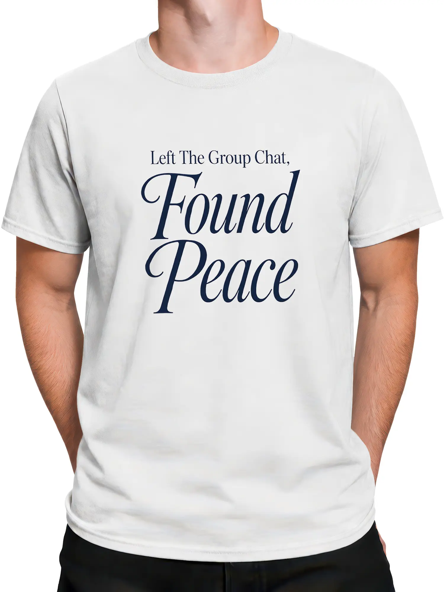 Male torso wearing a white introvert humor T-shirt with navy group chat typography
