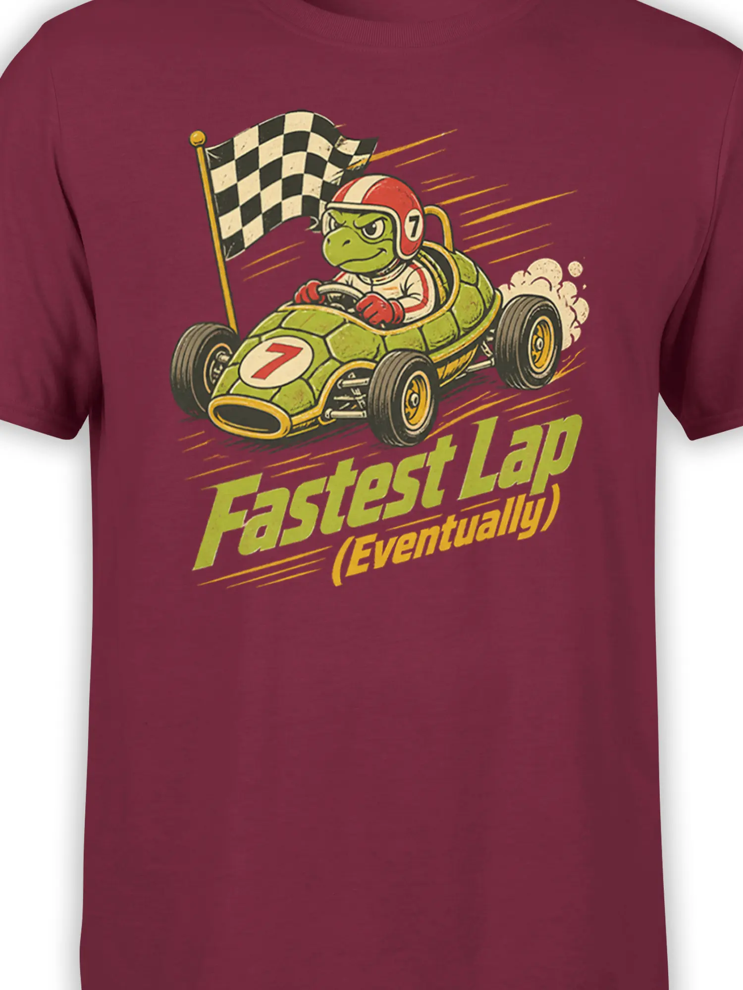Close-up of green turtle driver, race car, checkered flag, and humorous racing text on burgundy fabric