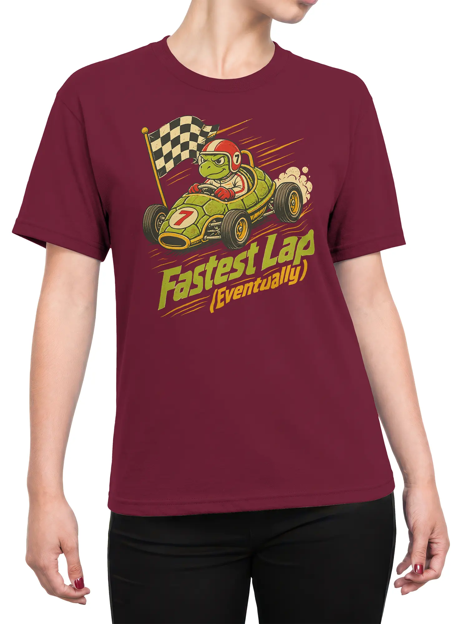 Female torso wearing a burgundy T-shirt with a green turtle racing car graphic and checkered flag