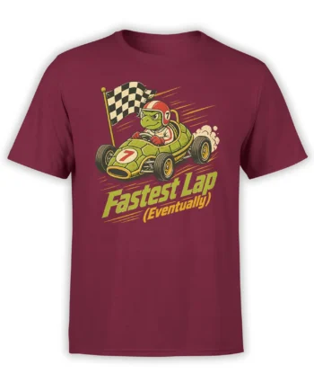 Green turtle racing a vintage car beneath a checkered flag on a burgundy turtle T-shirt