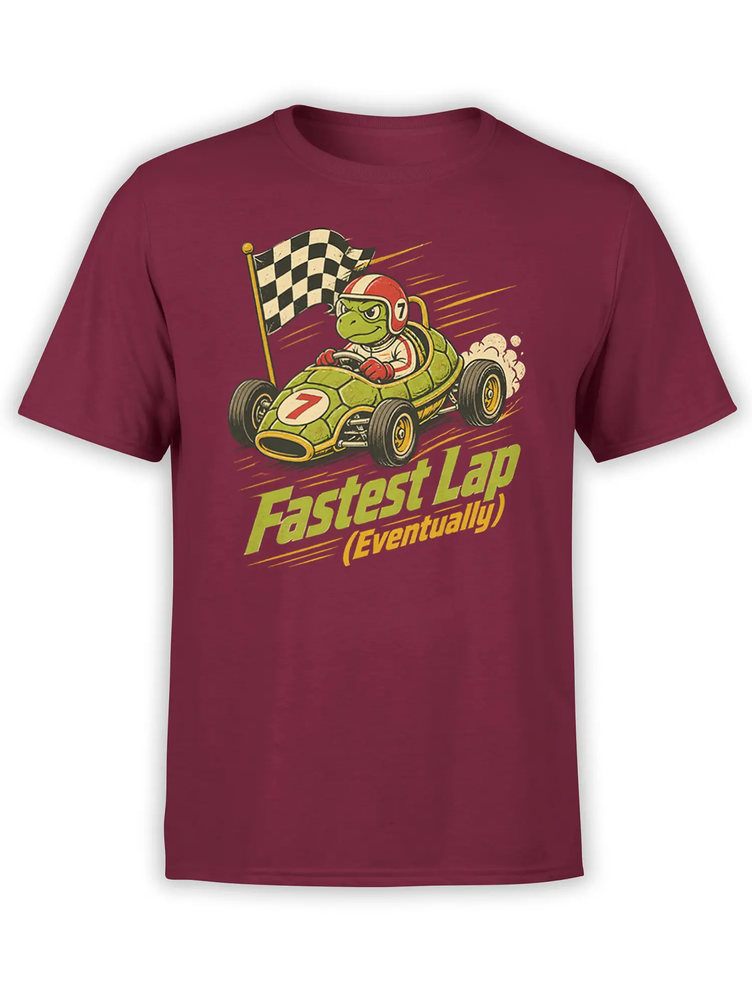 Green turtle racing a vintage car beneath a checkered flag on a burgundy turtle T-shirt