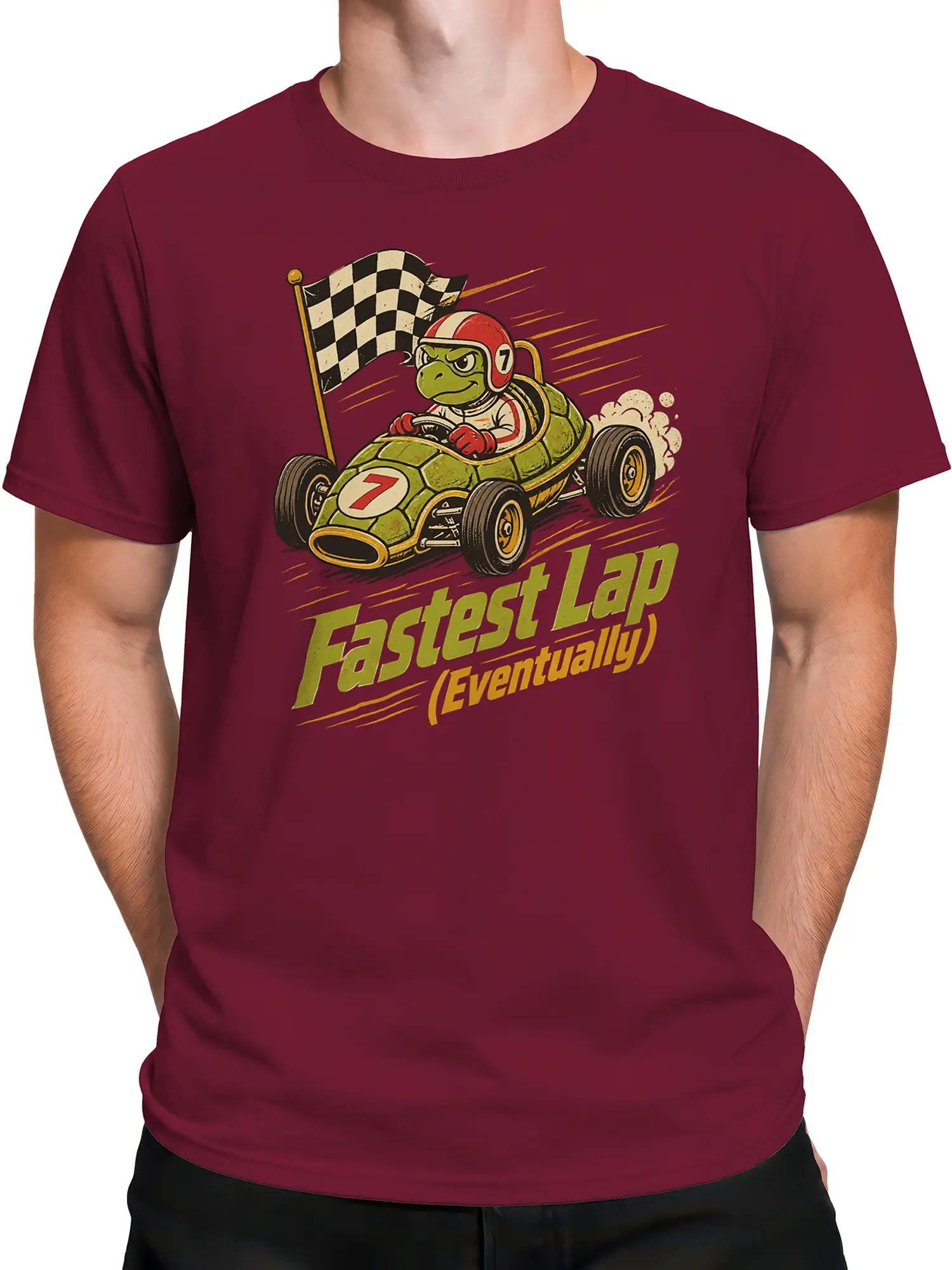 Male torso wearing a burgundy turtle racing T-shirt with a vintage car and checkered flag design