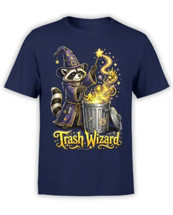 Wizard raccoon in purple robes summons sparkling treasure from a trash can on a navy graphic T-shirt