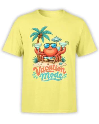 Yellow crab vacation t-shirt with sunglasses, tropical drinks, palm trees, and Vacation Mode lettering