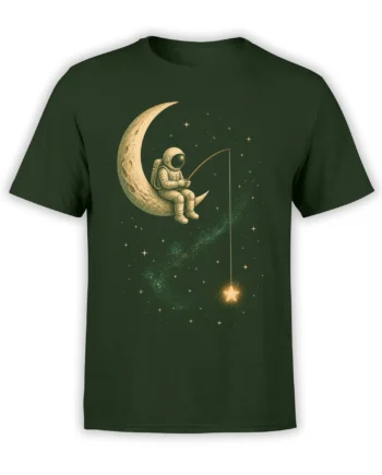 Dark green T-shirt with an astronaut fishing from a crescent moon beneath a field of glowing stars