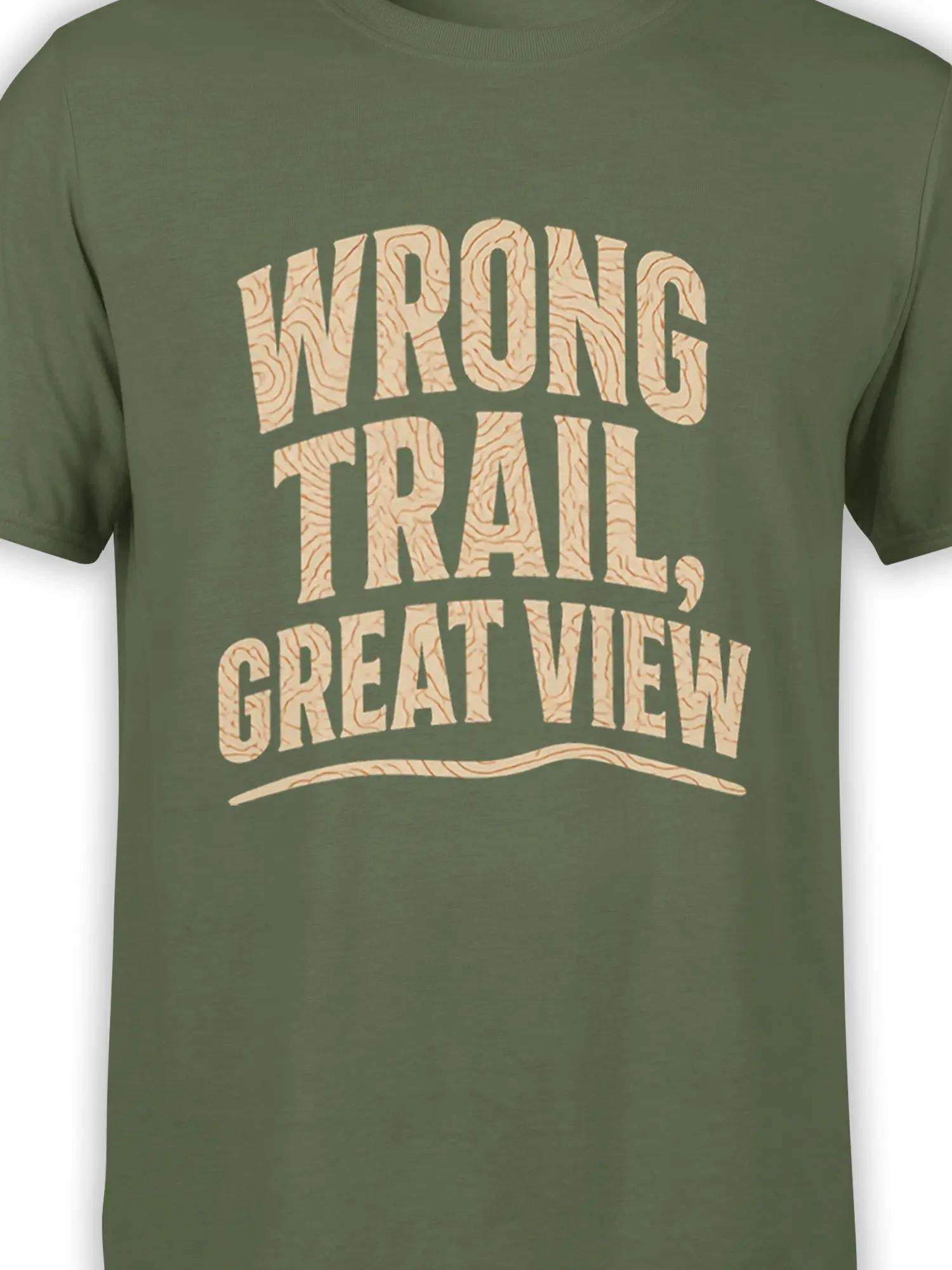 Close-up of cream “Wrong Trail Great View” lettering on an olive green hiking T-shirt