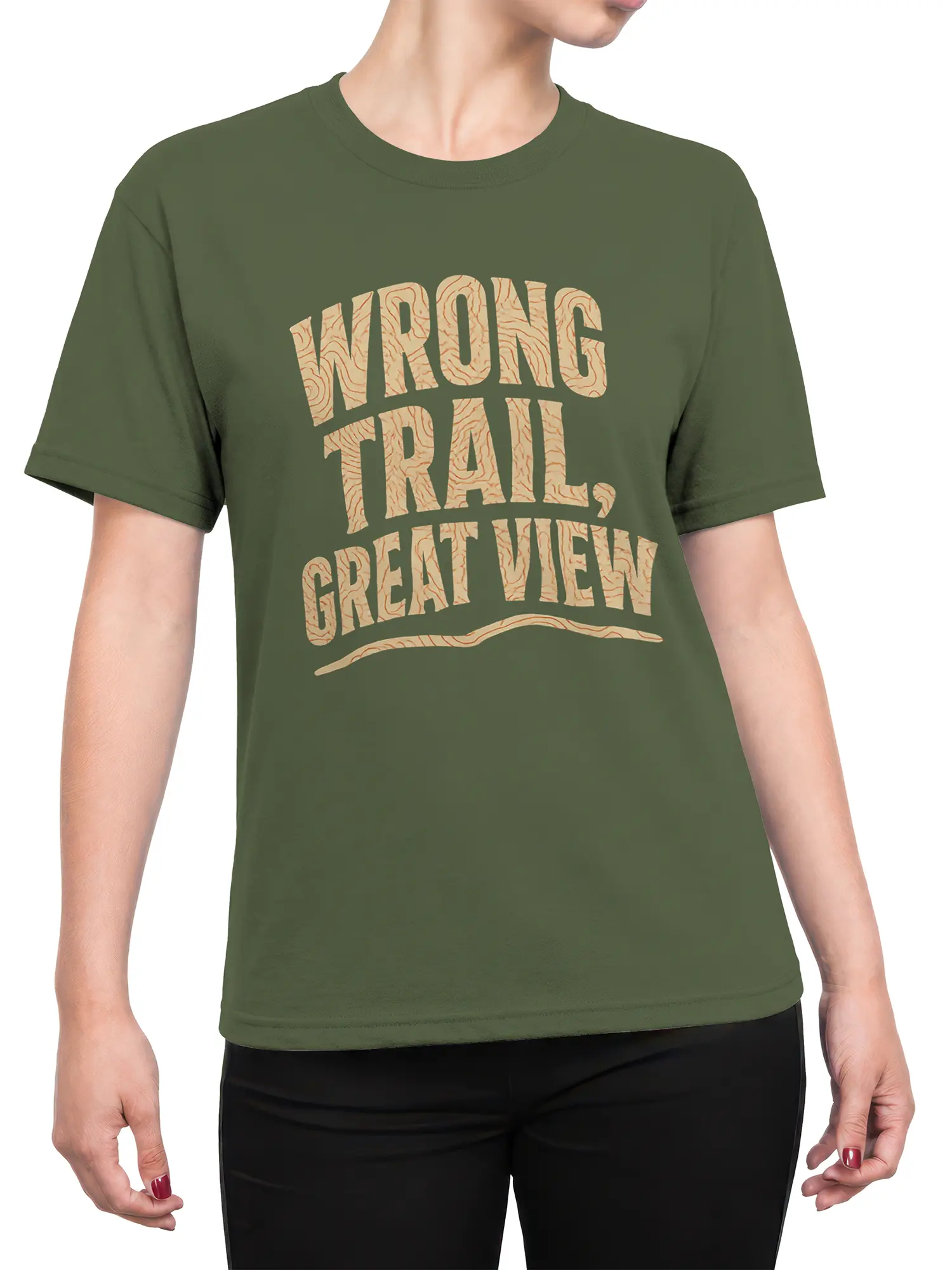 Female torso wearing an olive green T-shirt with Wrong Trail Great View hiking lettering